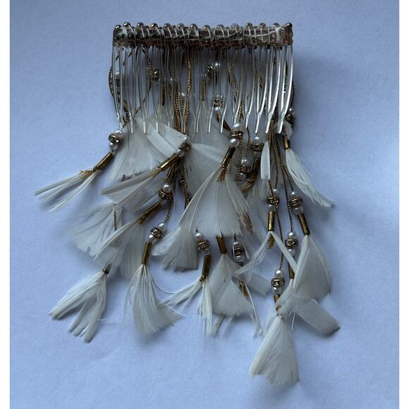 vintage gold feather + pearl + beads bridal hair comb
